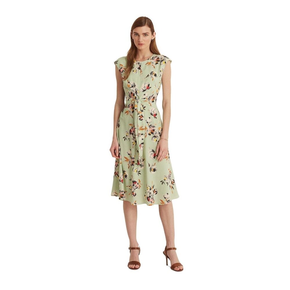 LAUREN RALPH LAUREN Gree Floral Cap Sleeve Fit + Flare Dress Petites Size 14P